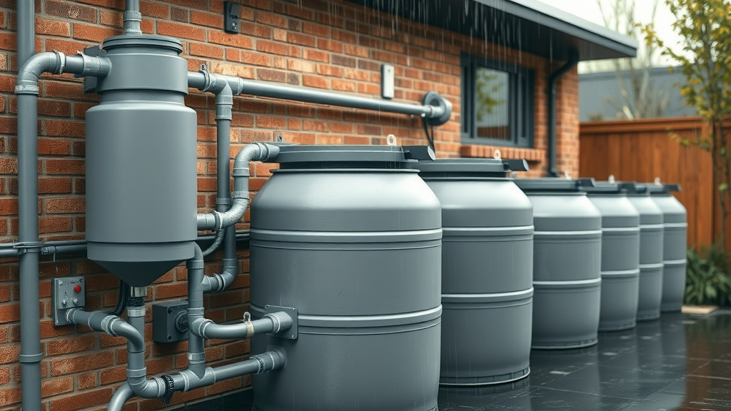 Modern rainwater barrels and tanks with robust piping in a contemporary yard
