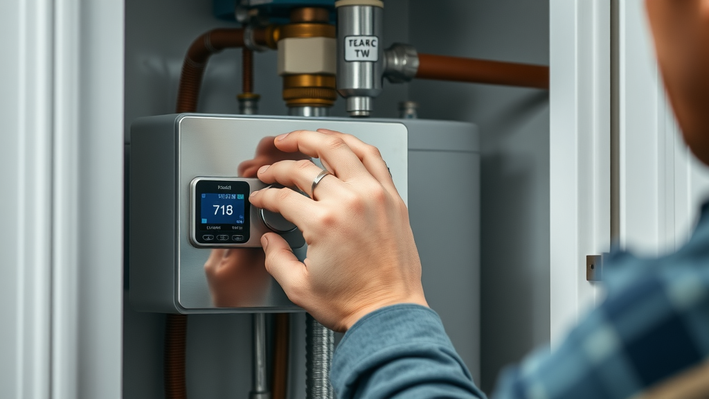 Close-up technician adjusting water heater thermostat, detailed view of modern water heater service and maintenance