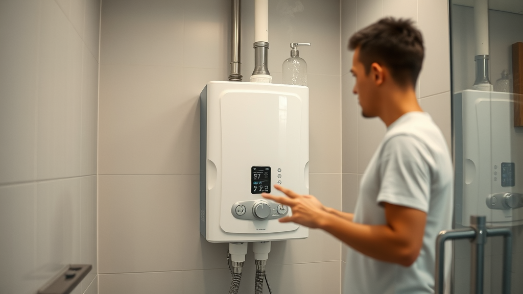modern family bathroom with smart water heater, digital controls, energy consumption, efficient plumbing, environmental impact