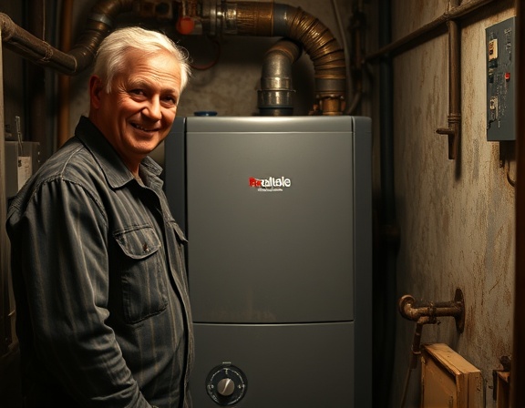 Reliable boiler Chesterfield, satisfied, technician inspecting, photorealistic, urban apartment utility room, highly detailed, rust and grime, muted tones, ambient lighting, shot with a 50mm lens.