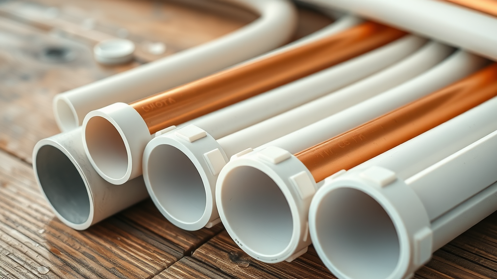 Array of eco-friendly pipes: PEX, HDPE, and copper for sustainable plumbing solution options on a recycled wood table