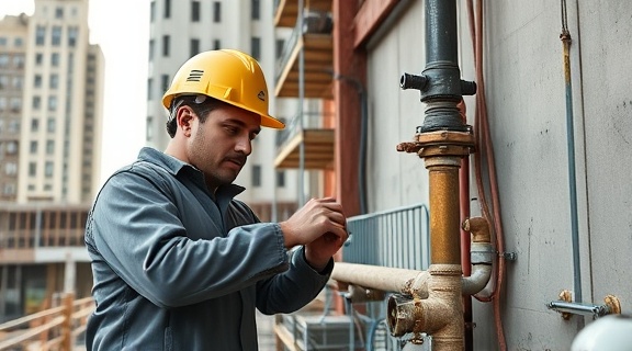 precise gasfitting installation, worker diligent, securing fittings, photorealistic, urban construction site with scaffolding, highly detailed, visible gas lines and tools, 8K resolution, earthy tones, bright midday lighting, shot with a 70-200mm telephoto lens