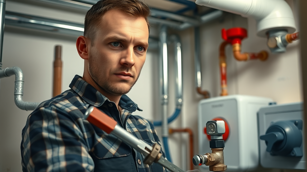 experienced plumber repairing modern central heating system Chesterfield utility room