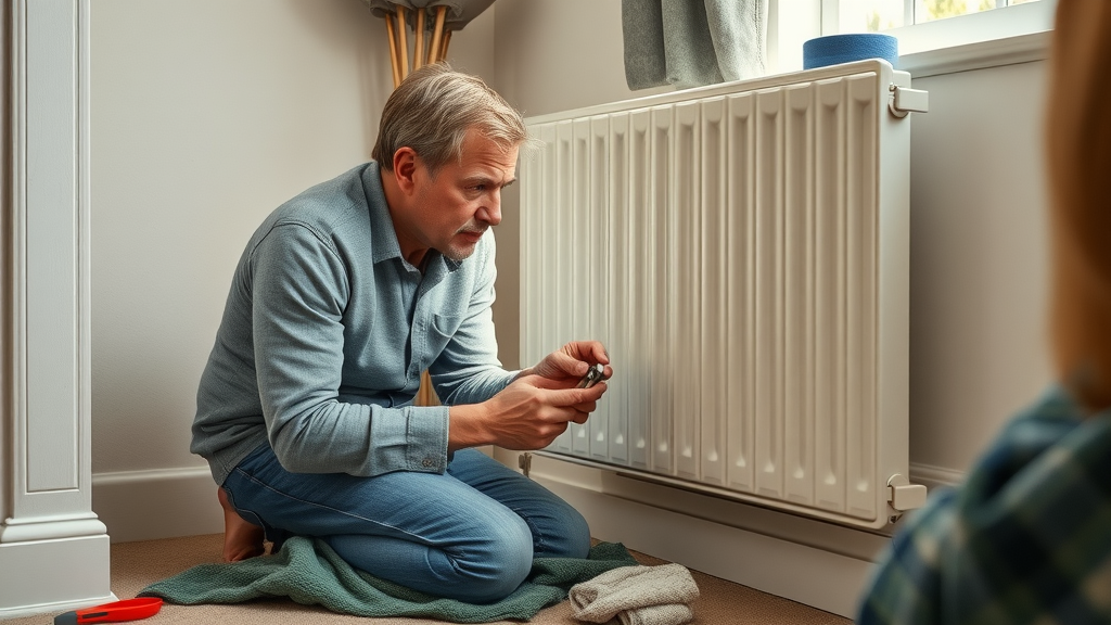 Homeowner bleeding radiator to remove trapped air as part of central heating maintenance.