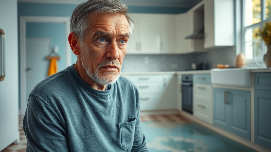worried Chesterfield homeowner, concerned expression, looking at water leaking from a burst pipe in kitchen – affordable emergency plumber chesterfield