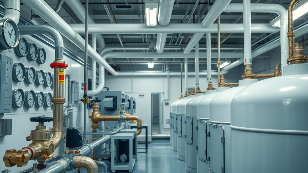 well-lit commercial mechanical room in Chesterfield with modern plumbing equipment and pipes