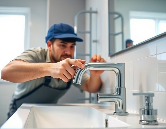 experienced plumbing Chesterfield, concentrated, installing a new faucet, photorealistic, modern bathroom with stainless steel fixtures, highly detailed, dynamic hands-on work, ultra-high resolution, bright lighting, shot with a macro lens