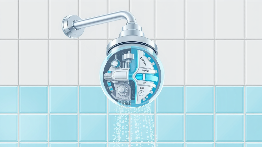 Cutaway diagram of low-flow showerhead showing internal water-saving mechanisms - flow fixture