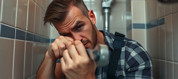 frustrated plumber, tightly gripping a wrench, attempting a difficult pipe repair, photorealistic, in a small, cluttered bathroom with tile walls, highly detailed, sweat on the plumber's brow, mid-focus, neutral colors, ambient lighting, shot with a 35mm lens