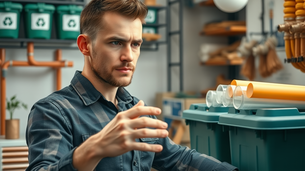 plumber selecting eco-friendly plumbing materials for sustainable plumbing and heating