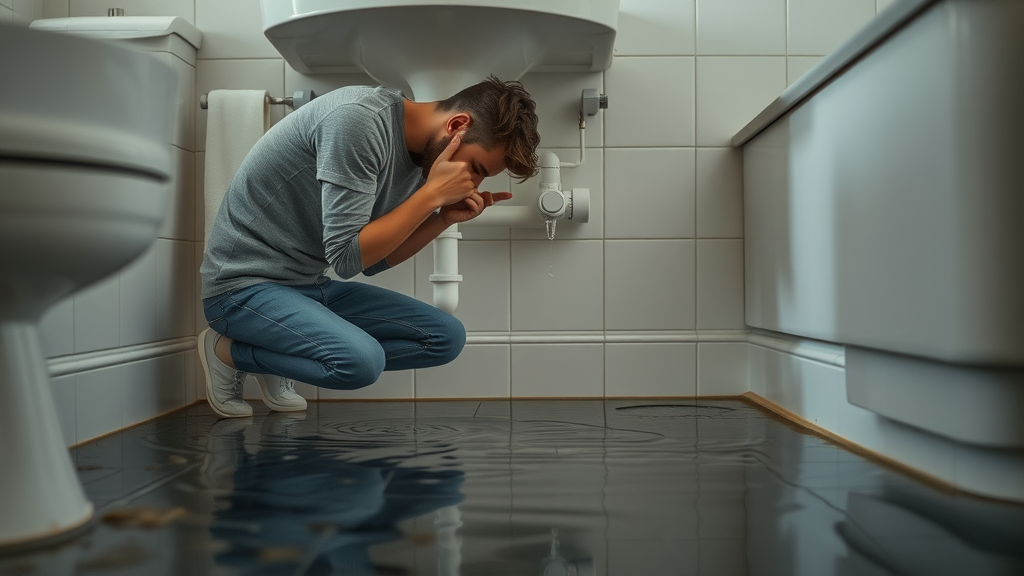 damp bathroom floor and worried adult checking under-sink pipe for plumbing emergency, urgent plumbing repair chesterfield scenario