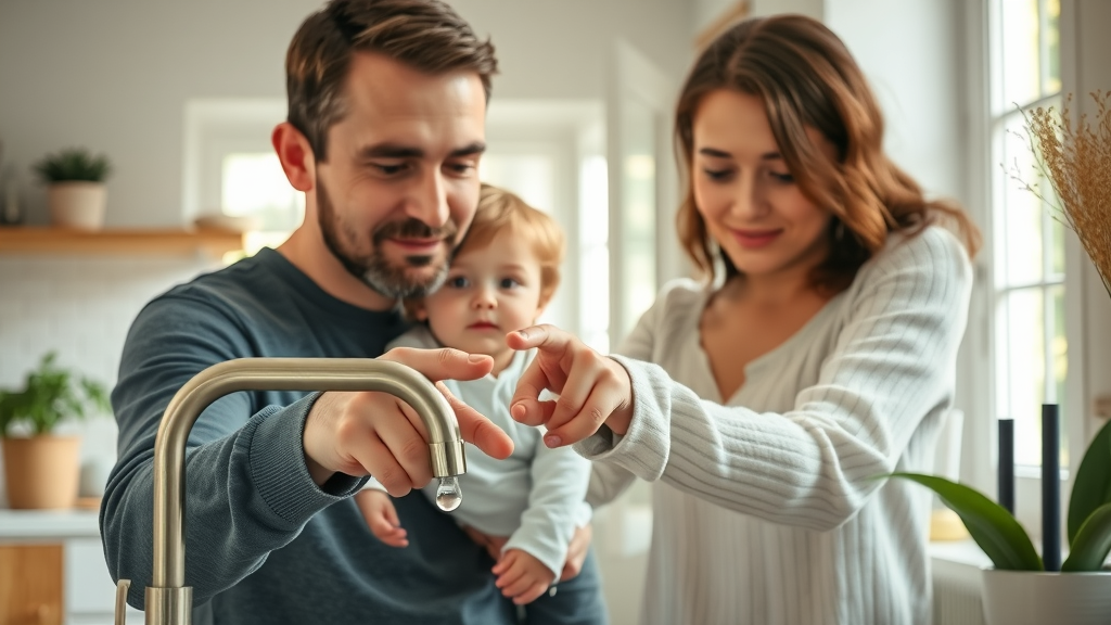 thoughtful family in home pointing at a slowly dripping kitchen faucet - water conservation techniques