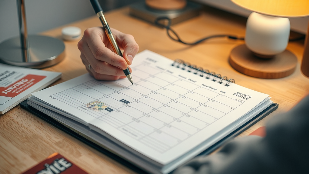 Open calendar planner with heating maintenance schedule being written.