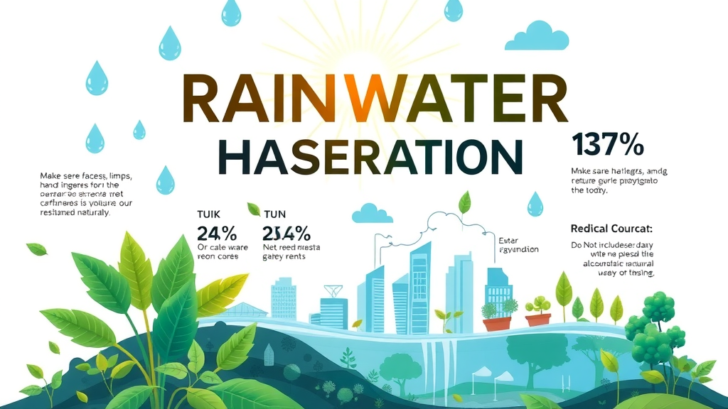 Infographic showing environmental benefits of rainwater harvesting systems, reduced water use, and green impact