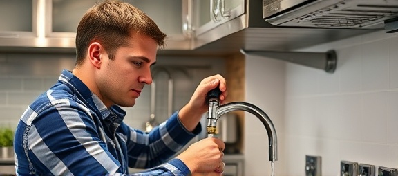 experienced plumber Chesterfield, precise, checking water pressure, photorealistic, clean and shiny kitchen with stainless steel appliances, highly detailed, realistic water effects, high clarity, mixed cool and warm tones, soft ambient light, shot with a 35mm lens