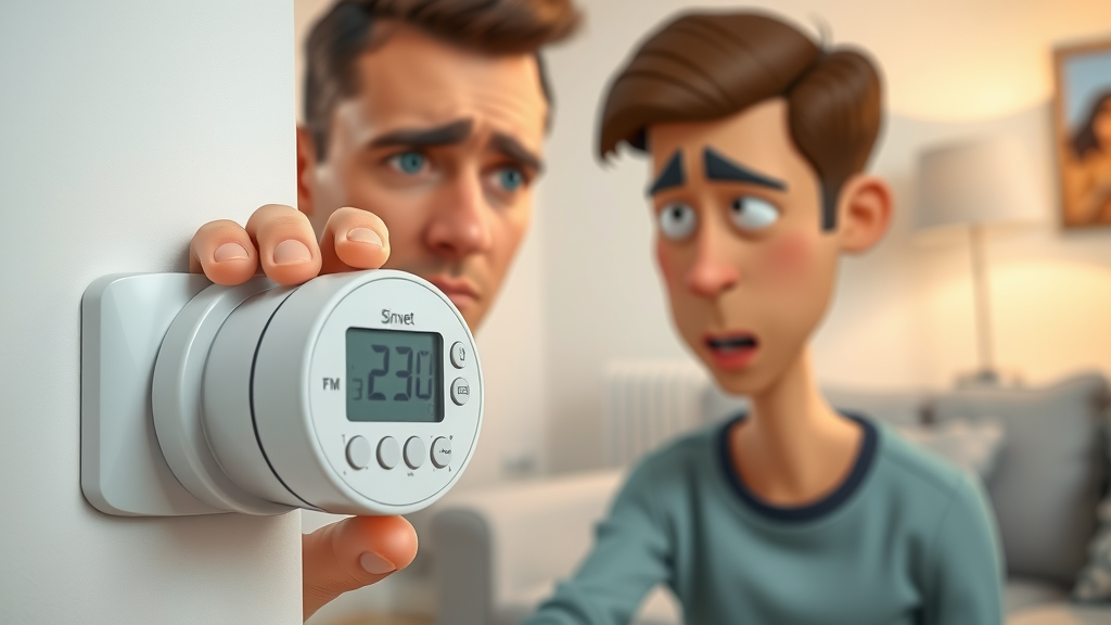 Homeowner diagnosing thermostat problem as part of central heating repair process in modern living room.