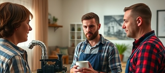 experienced plumber Chesterfield, engaged, explaining a plumbing problem, photorealistic, interacting with a customer in a bright living room, highly detailed, expressive faces, vibrant image, mix of colors, indirect natural lighting, shot with a 50mm portrait lens