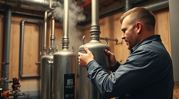 routine cylinder installation, experienced installer, fastening a new cylinder, photorealistic, commercial boiler room with exposed piping, highly detailed, slight steam in the background, warm tones, ambient light, shot with a 85mm lens