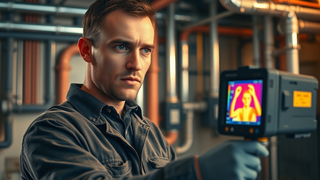 professional plumber uses thermal imaging camera for advanced pipe leak detection and water leaks in mechanical room