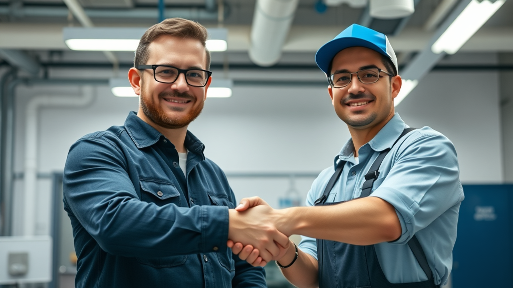 Confident business owner and plumber shaking hands after inspecting commercial pipes – plumber in Chesterfield