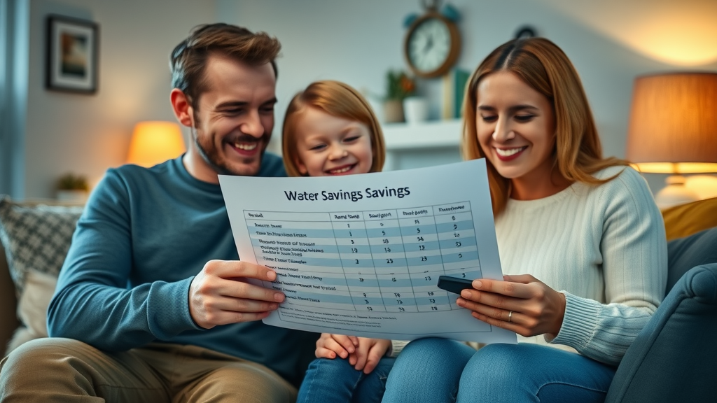 UK family reviewing water and energy savings statements from low-flow fixture use - water saving