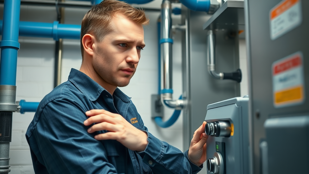 Professional plumber examining advanced sustainable heat pump system with labeled pipes and modern equipment