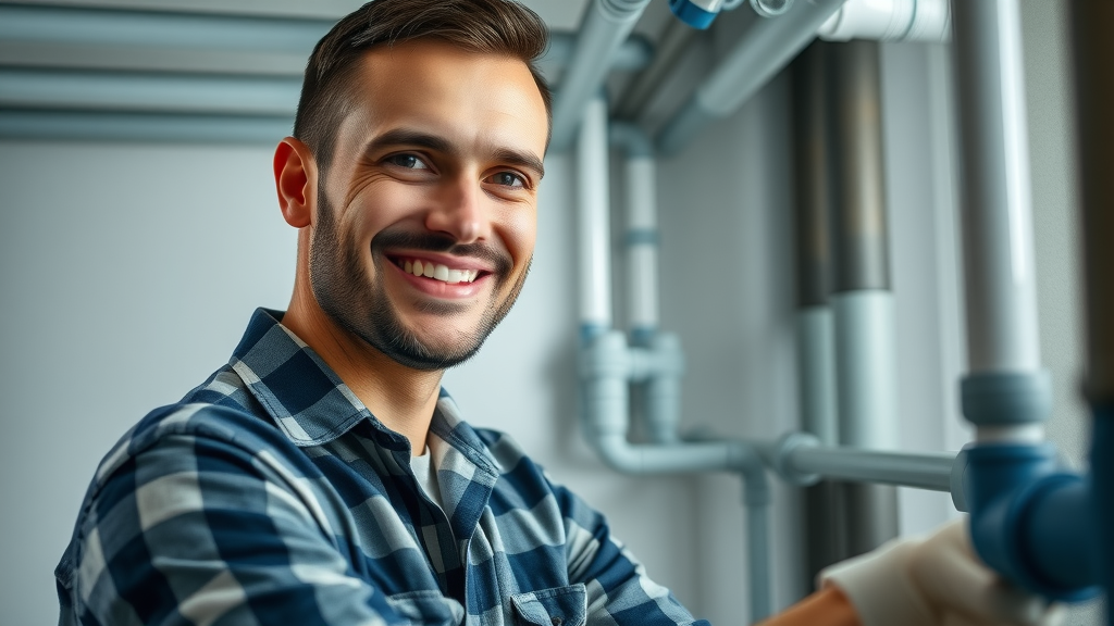 Confident Chesterfield plumbing contractor inspecting modern residential plumbing system