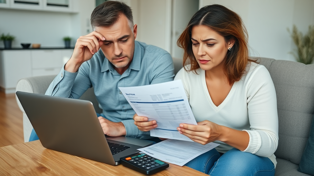 Couple at home reviewing emergency plumbing Chesterfield costs on a laptop, invoices in Chesterfield living room