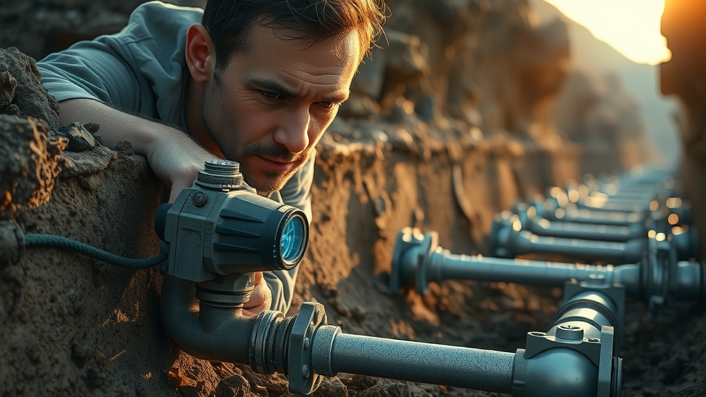 water mains leak detection chesterfield underground pipes detection specialist kneeling, cross-section earth, glowing sensors, morning sunlight