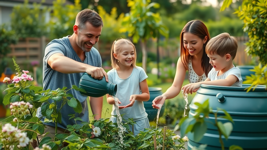 family watering plants with collected rainwater in garden - water conservation techniques