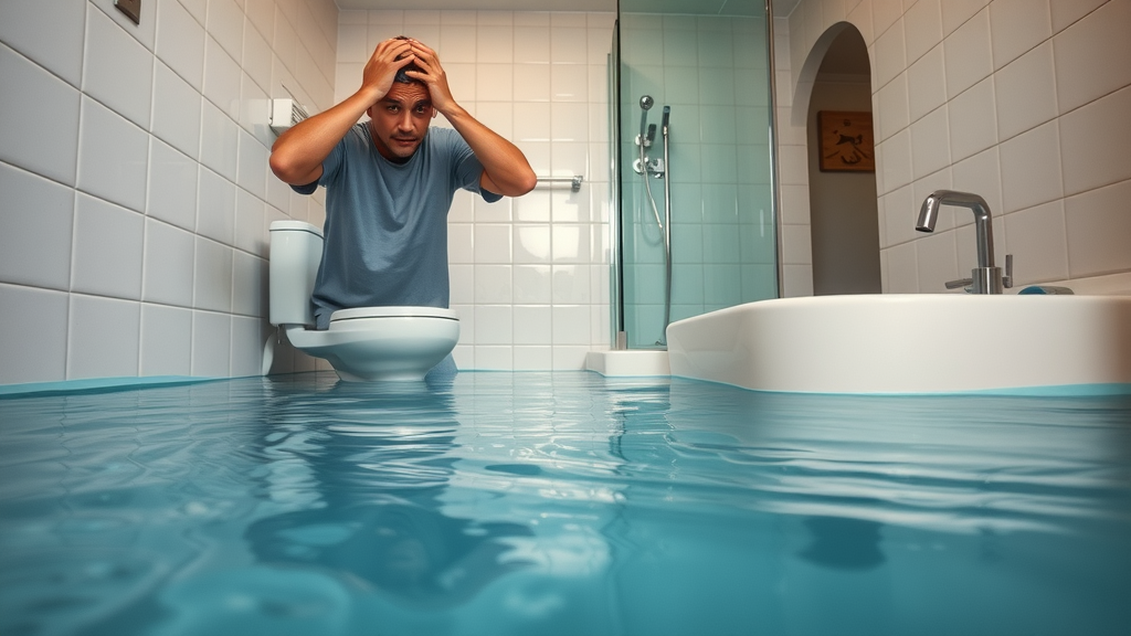 realistic flooded bathroom scene with worried homeowner - 24/7 plumber Chesterfield