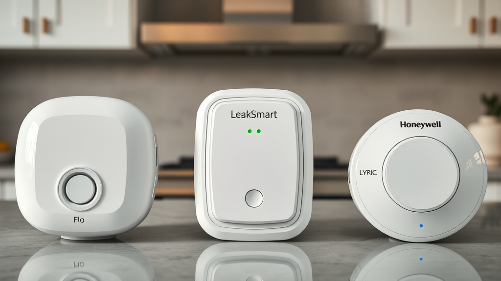 three top water leak detectors Flo by Moen, LeakSmart, Honeywell Lyric, plumbing leak detection technology comparison