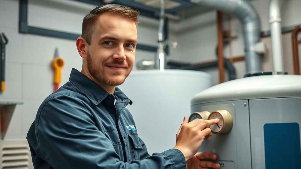 Professional technician inspecting water heater unit for reliable service in utility room, water heater repair, heater installation
