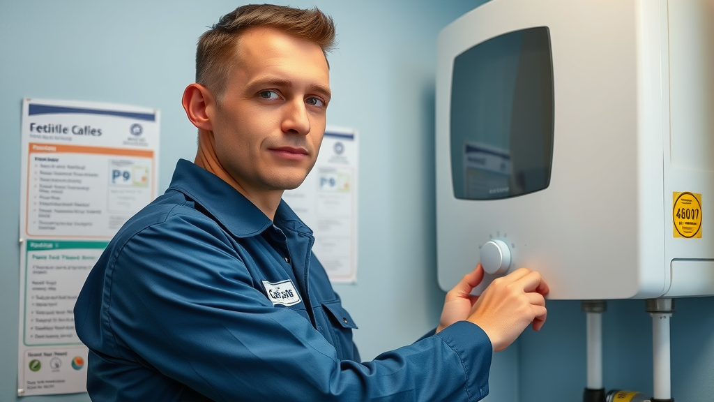 Professional engineer with uniform and Gas Safe badge checking domestic boiler, compliance documents in the background; how often should boilers be serviced