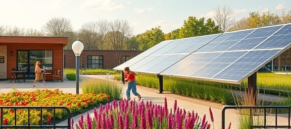 environmentally friendly Chesterfield, pioneering, advancing renewable solutions, photorealistic, community park with solar-powered facilities in Chesterfield, highly detailed, children playing and flora in motion, diverse colors, soft afternoon light, shot with an Olympus M.Zuiko Digital ED 12-40mm f/2.8 PRO lens.