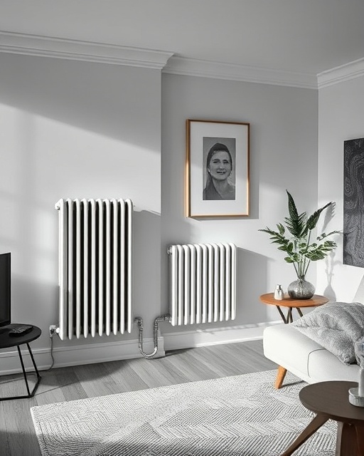Classic central heating, functional yet stylish, radiating warmth, photorealistic, modern living space with minimalistic furnishings, highly detailed, steam rising, technical precision, monochromatic, directional lighting, shot with a 35mm lens.