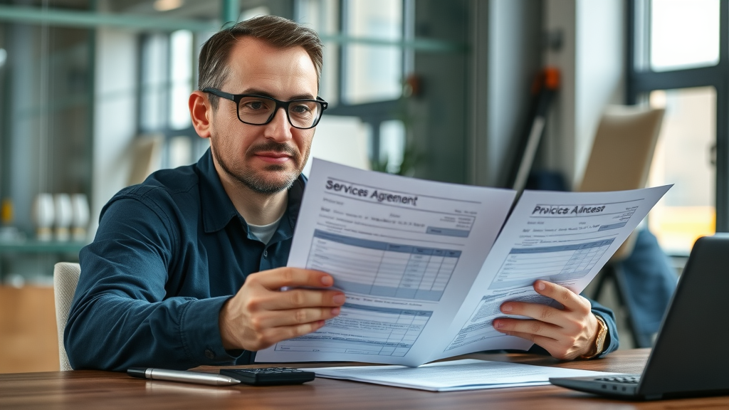 industrial plumber Chesterfield client reviewing detailed pricing documents service agreement