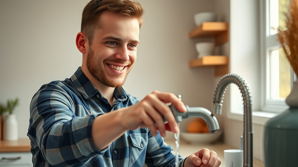 Friendly plumber fixing leaky kitchen faucet in modern Chesterfield home - leaky faucet repair