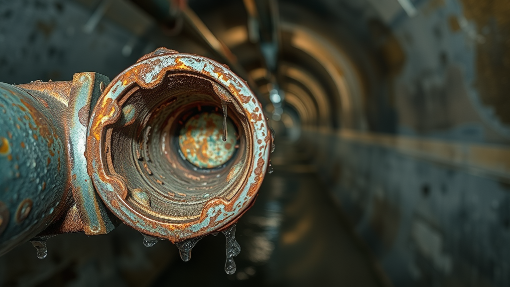 Corroded pipes in a Chesterfield commercial utility tunnel showing rust and buildup