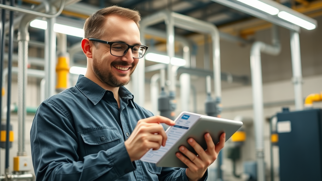Facility manager in Chesterfield reviewing pipe maintenance checklist on a tablet