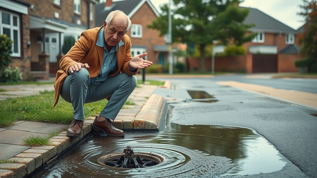 chesterfield drain cleaning services - homeowner noticing blocked outdoor drain in Chesterfield residential area