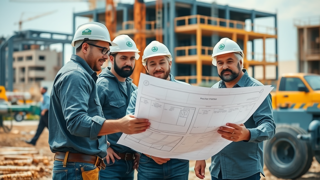 plumbing business growth journey - commercial plumbing team reviewing blueprints at busy site