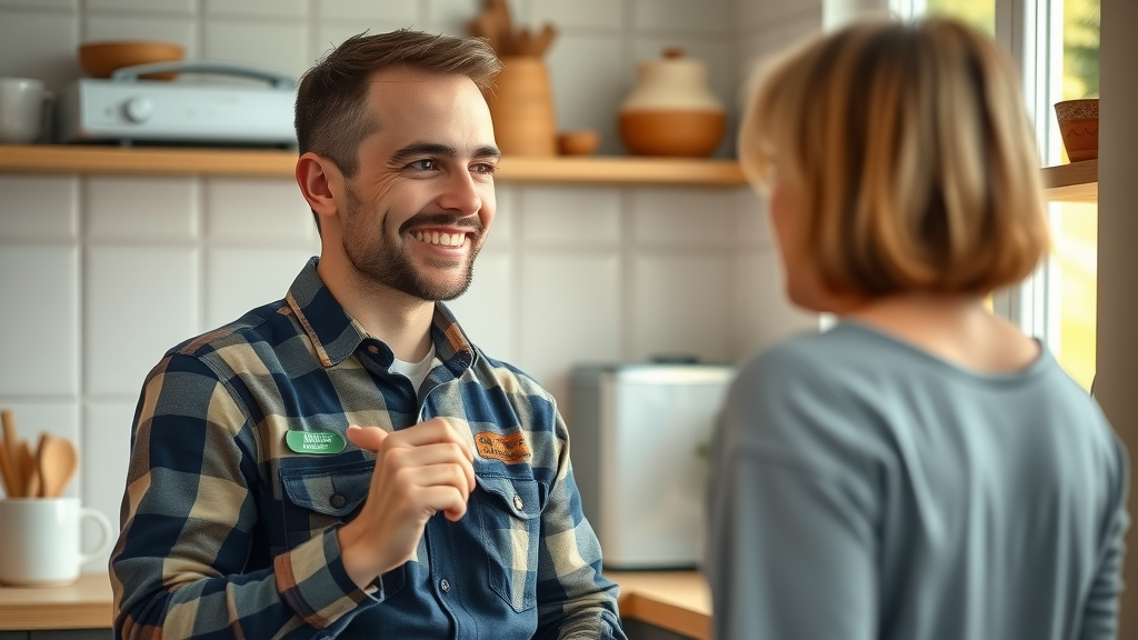 plumbing business growth journey - friendly plumber discussing job with homeowner