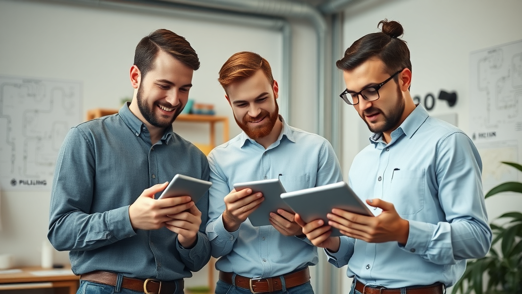 plumbing business growth journey - modern plumbing team collaborating with digital tablets