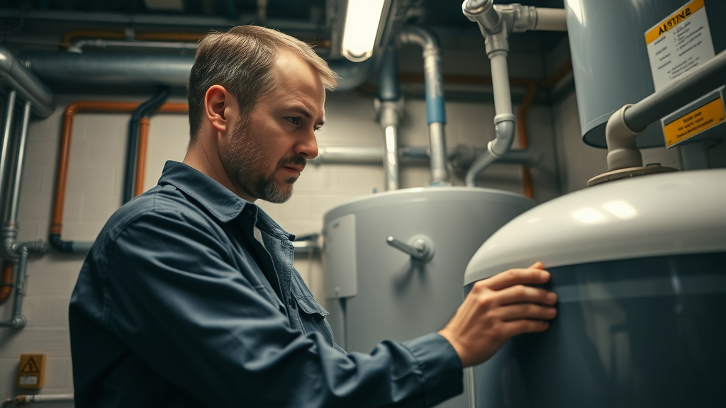 Experienced plumbing technician inspecting commercial water heater in Chesterfield, water heater maintenance