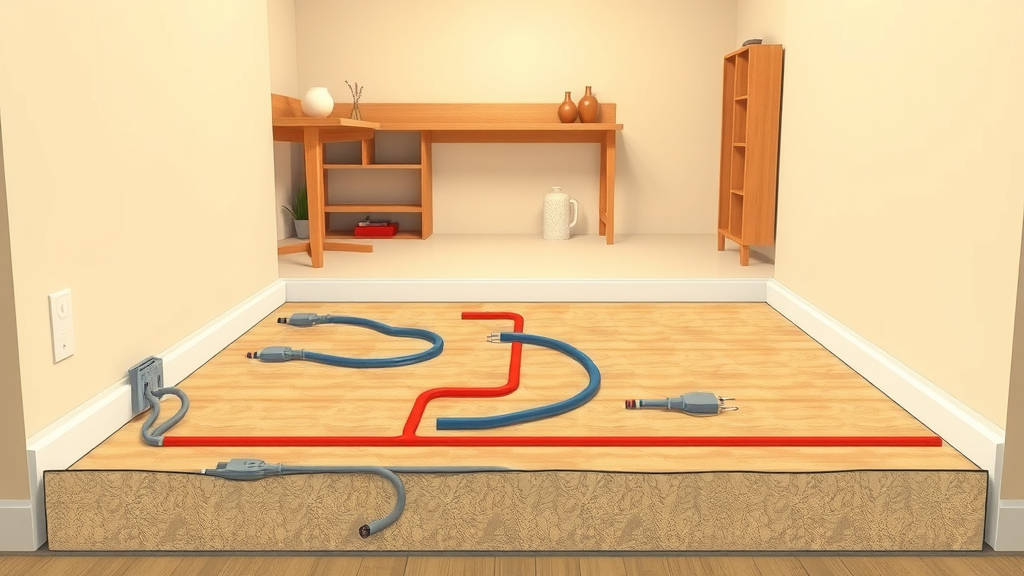 Cross-section diagram of floor showing electric radiant and hydronic underfloor heating pipes and cables