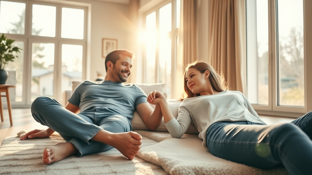 Happy couple relaxing together on a heated wooden floor enjoying radiant floor heating