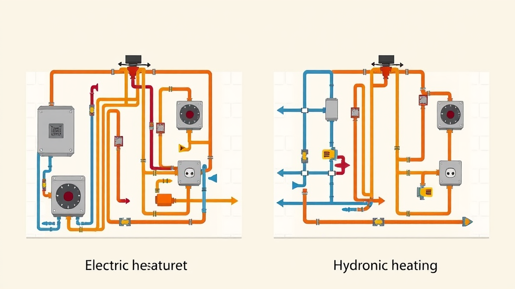 Side-by-side cartoon diagram comparing electric radiant and hydronic underfloor heating systems