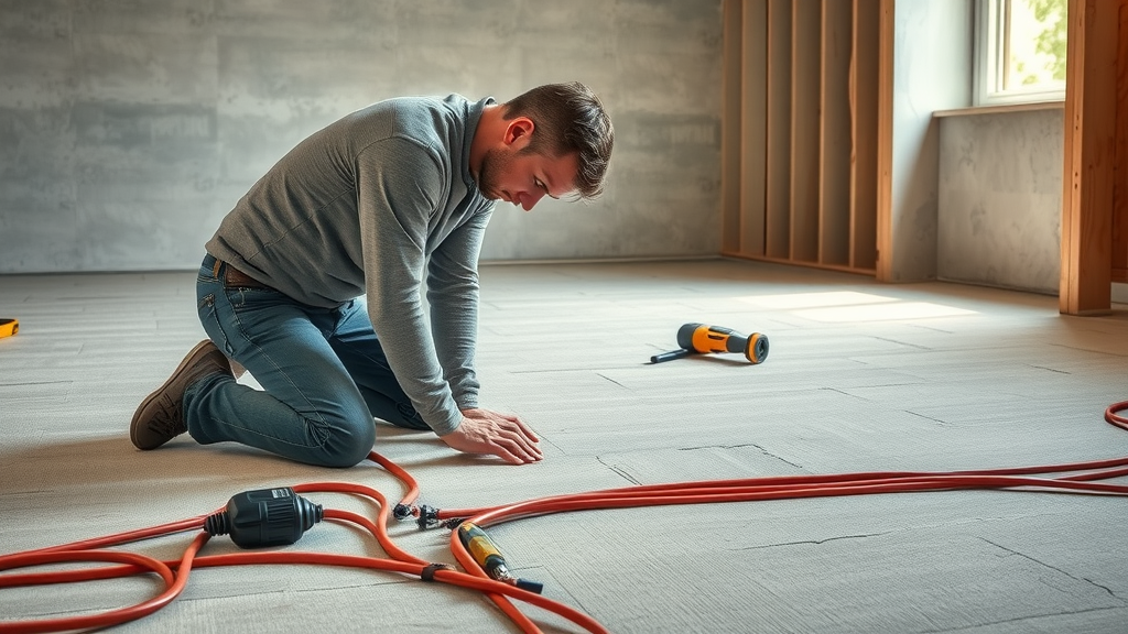 Professional installer laying electric radiant heating mats on prepared subfloor