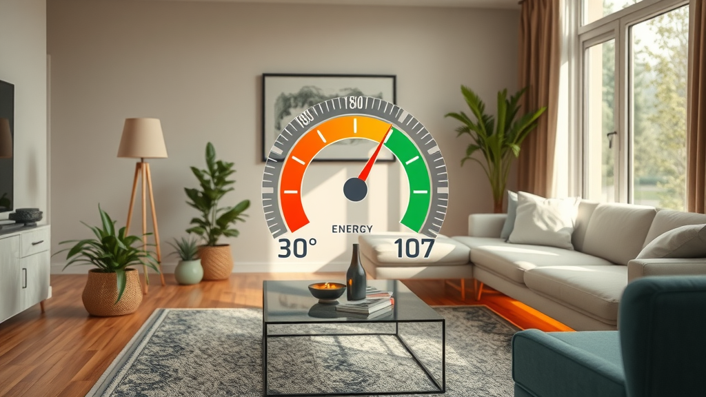 Energy usage gauge and eco-friendly thermostat in a beautifully heated floor living room